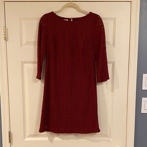 London Times Burgundy Lace Long-Sleeve Shift Dress